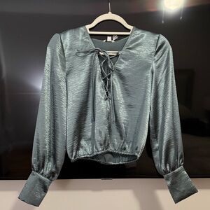 GUESS LS TAMI LACE UP TOP SIZE XS COLOR TEAL